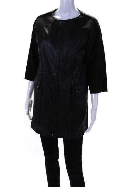 American Retro Womens Cotton + Leather Zip Up Mid-Length Jacket Black Size 38