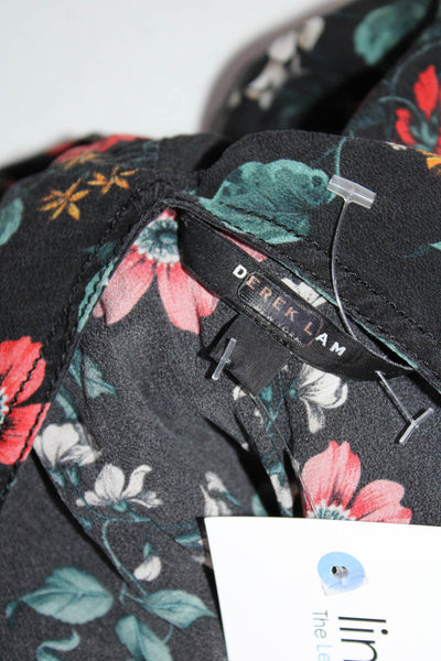 Derek Lam Womens Floral Print Tied Neckline Long Sleeve Blouse Black Size S