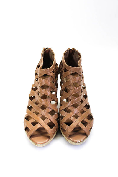 Kelsi Dagger Brooklyn Womens Leather Peep Toe Caged Cutout Wedges Brown Size 6.5