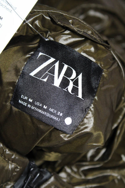Zara Womens Hooded Full Zip Sleeveless Puffer Vest Green Size M