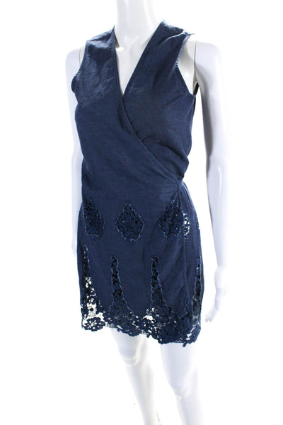 Miguelina Womens Crochet Sleeveless Wrap Dress Blue Size Extra Small