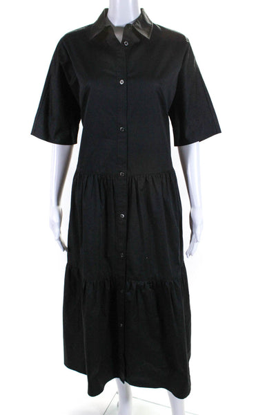 CO Womens Button Front Short Sleeve Collared Midi Dress Black Cotton Size Small