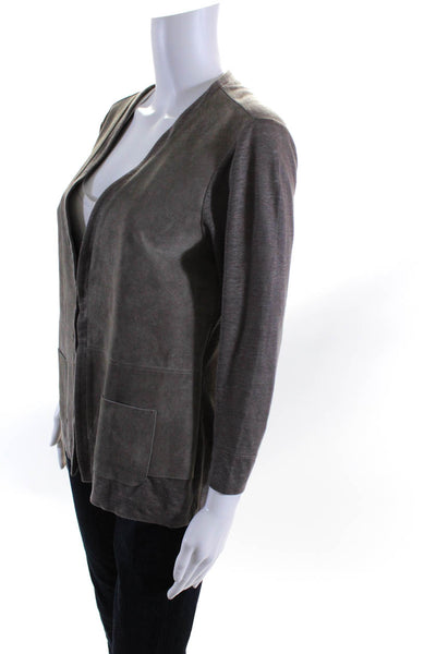 Ecru Womens Hook Front V Neck Leather Trim Linen Light Jacket Brown Size Small