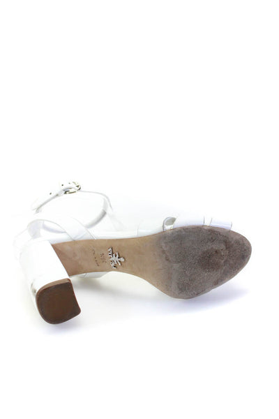 Prada Womens Block Heel Ankle Strap Sandals White Spazzolatto Leather 36.5 6.5