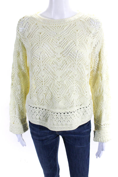 Vince Womens Pointelle Knit Crew Neck Pullover Sweater Yellow Cotton Size Medium
