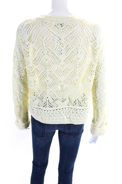 Vince Womens Pointelle Knit Crew Neck Pullover Sweater Yellow Cotton Size Medium