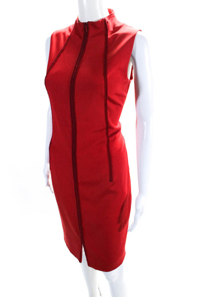 Akris Womens High Neck Sleeveless Embroidered Sheath Dress Red Silk Size 8