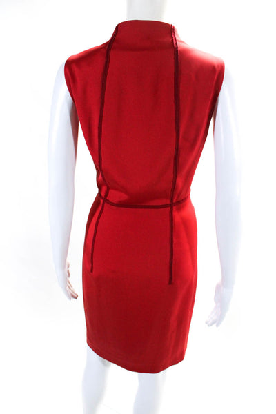 Akris Womens High Neck Sleeveless Embroidered Sheath Dress Red Silk Size 8