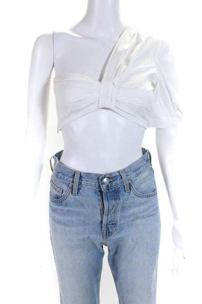 A.L.C.Womens One Shoulder Short Sleeves Cropped Blouse White Cotton Size 0