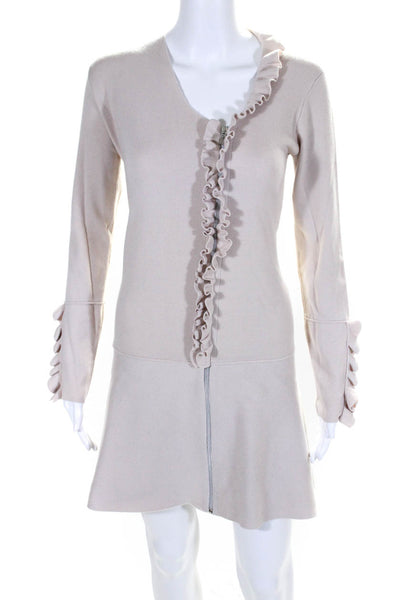 D. Exterior Womens Front ZIp Ruffled V Neck Sweater Dress White Wool Size Small
