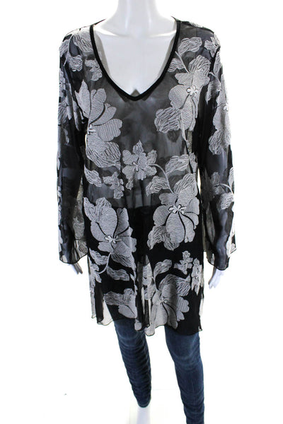 J Valdi Womens Long Sleeve Floral Mesh Tunic Top Black White Size Large