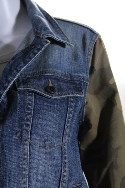 Joes Jeans Womens Camo Sleeve Button Up Denim Jacket Blue Green Size Medium