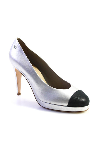 Chanel Womens Metallic Leather Cap Toe Slip On Platform Pumps Silver 39.5 9.5