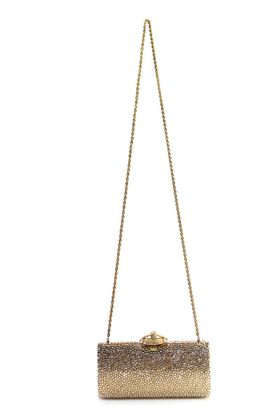 Rodo Womens Crystal Embellished Minaudiere Clutch Chain Handbag Gold Tone