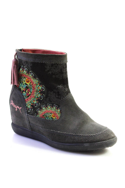 Desigual Womens Suede Floral Printed Zip Up Platform Ankle Boots Gray Size 39 9