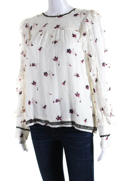 Joie Womens Floral Beaded Trim Ruffle Trim Long Sleeve Blouse White Size S