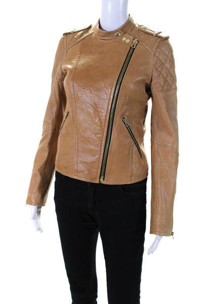 Juicy Couture Women's Long Sleeves Full Zip Leather Jacket Camel Size S