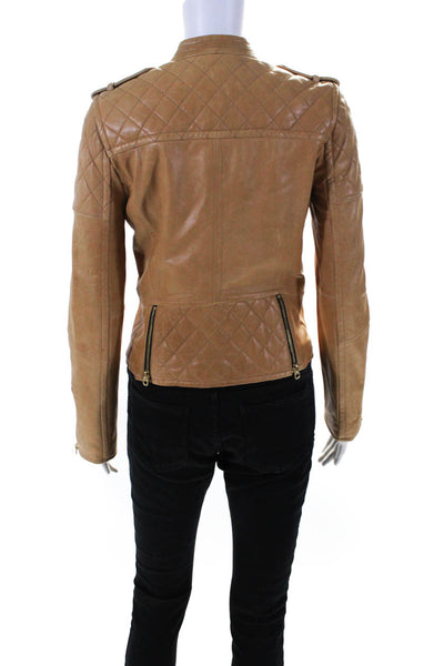 Juicy Couture Women's Long Sleeves Full Zip Leather Jacket Camel Size S