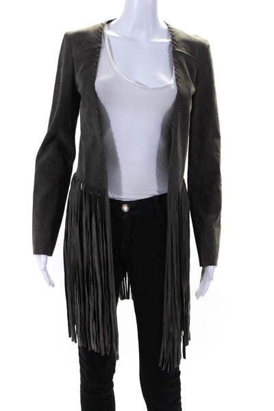 The Perfext Women's Long Sleeves Fringe Hem Open Front Suede Jacket Gray Size S