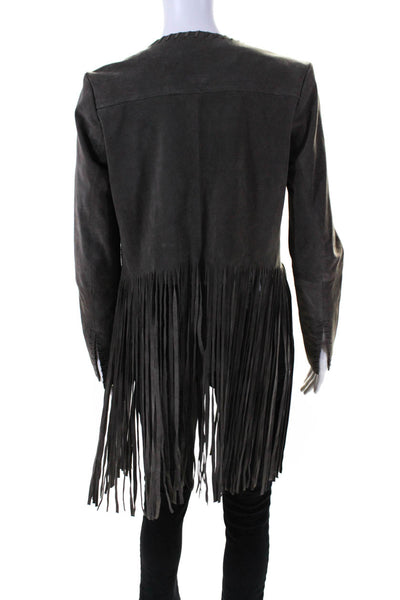 The Perfext Women's Long Sleeves Fringe Hem Open Front Suede Jacket Gray Size S