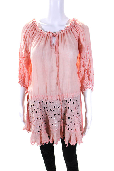 Sunday Tropez Womens Linen Textured Drawstring Long Sleeve Blouse Pink Size OS