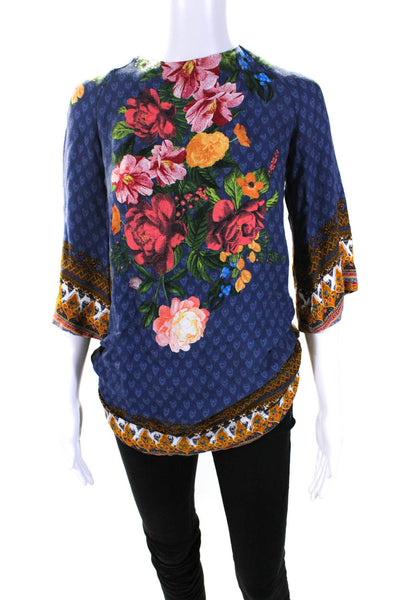 Farm Rio Womens Floral Print Lace-Up Tied Low Back Tunic Top Blue Size M