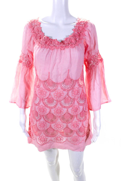 Temptation Womens Embroidered Flounce Long Sleeve A-Line Dress Pink Size XS