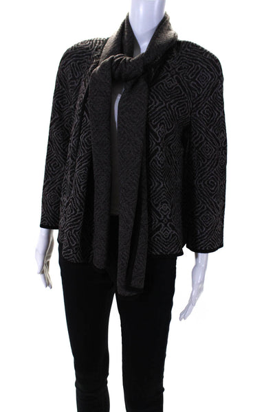 St. John Womens Knit Geometric Print Open Front Cardigan Sweater Gray Sizee M