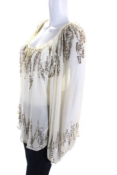Parker Womens 100% Silk Sequined Long Sleeved Tied Neck Blouse Beige Size M