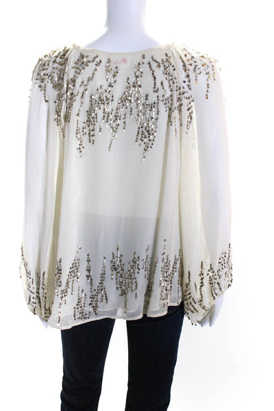 Parker Womens 100% Silk Sequined Long Sleeved Tied Neck Blouse Beige Size M
