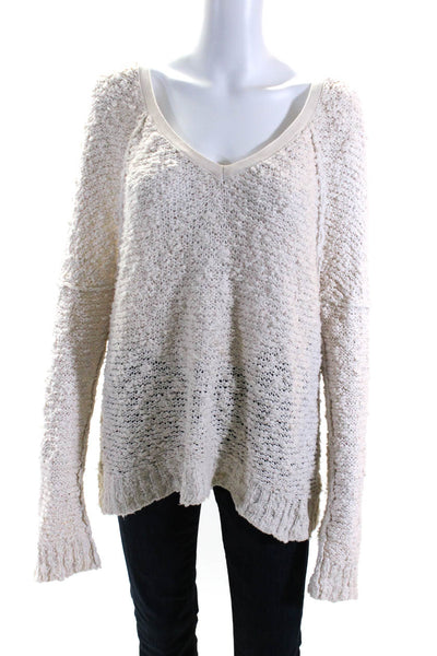 Free People Womens Open Knit Long Sleeved V Neck Pullover Sweater Cream Size L