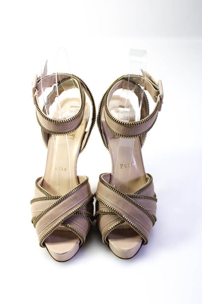Christian Louboutin Womens Zipper Trim Strappy Sandal Heels Beige Size 36.5 6.5