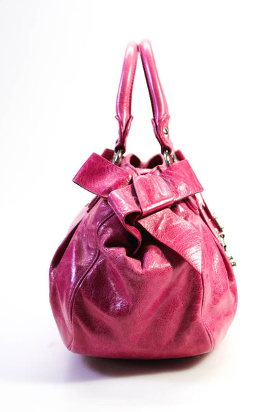 Miu Miu Womens 2 Way Leather Bow Push Lock Satchel Tote Handbag Pink