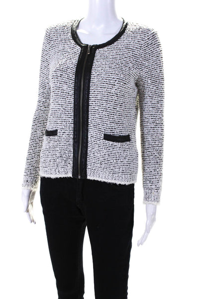 Joie Womens Front Zip Leather Trim Crew Neck Knit Jacket White Black Size Small