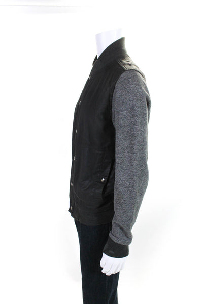 Vince Mens Waxed Coated Twill Knit Sleeve Varsity Jacket Black Gray Size Medium
