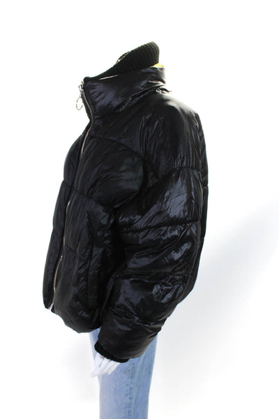 Zara Womens Black/Yellow Mock Neck Double Zip Long Sleeve Puffer Coat Size L