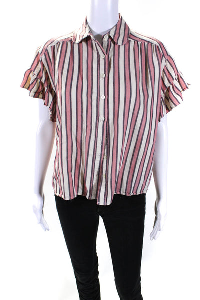 The Great Womens Cotton Striped Print Ruffled Button Up Top Multicolor Size 00