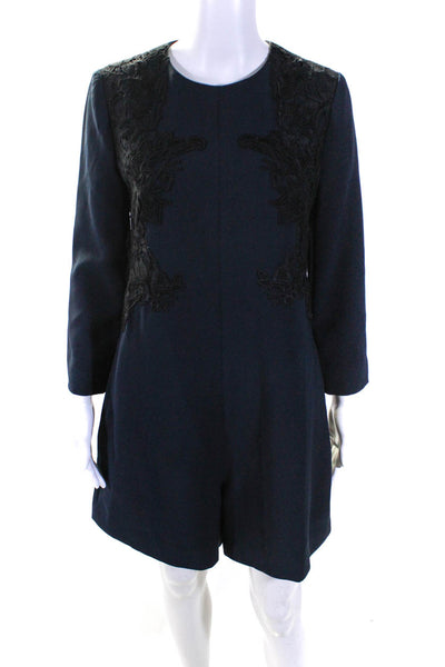 Ted Baker London Womens Floral Embroidered Long Sleeve Romper Navy Blue Size 2