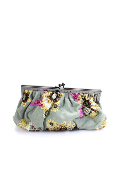 Hype Womens Green Canvas Beaded Floral Print Kiss Lock Clutch Bag Handbag