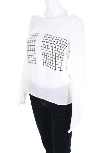 Theory Womens 100% Silk Grid Print Sheer Long Sleeved Blouse White Black Size P