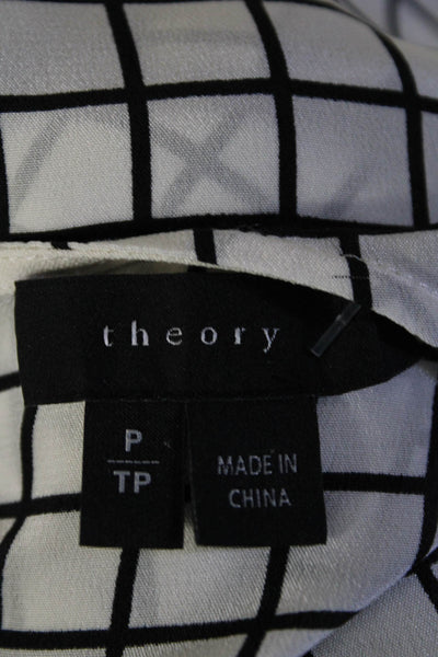 Theory Womens 100% Silk Grid Print Sheer Long Sleeved Blouse White Black Size P