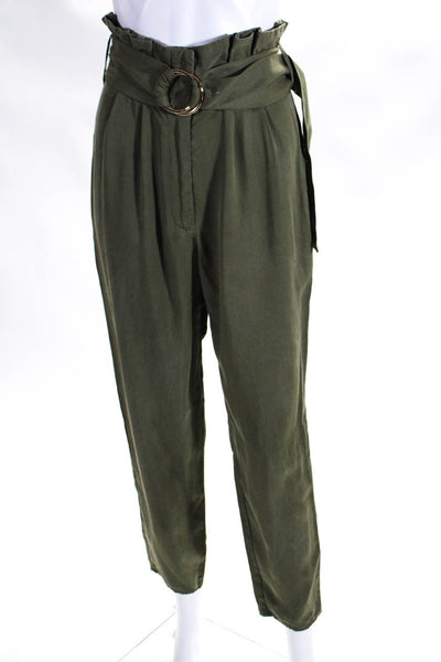 Tularosa Womens Pleated High Rise Round Buckle Belted Tapered Pants Green Size S