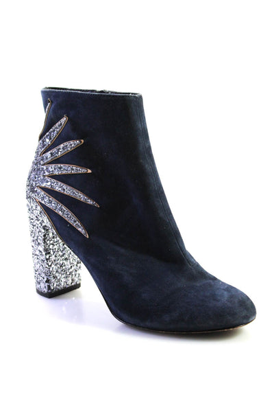 Cosmoparis Womena Suede Sequined Zip Up Ankle Boots Navy Blue Size 38 8