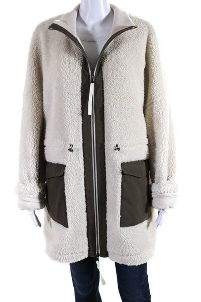 Varley Womens Long Teddy Fleece Anorak Full Zip Jacket Brown Ivory Size Large