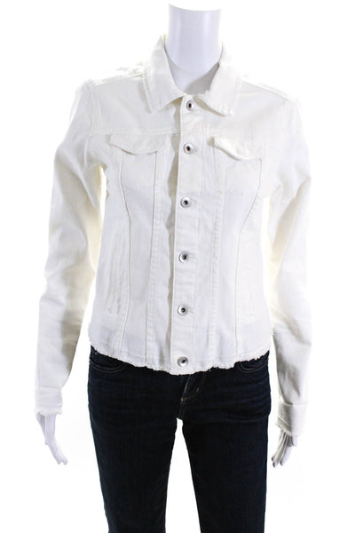 HTrailz Womens Long Sleeve Raw Trim Graphic Denim Jacket White Size XS