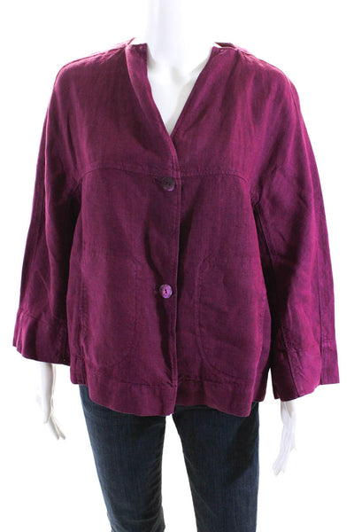 Oska Womens Linen Round Neck Long Sleeve Button Up Jacket Purple Size 3R
