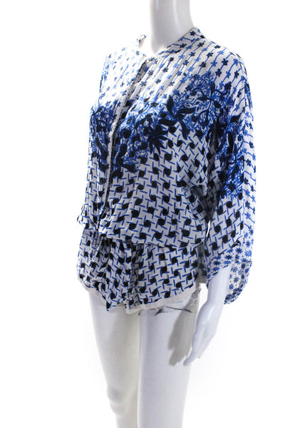 Poupette St Barth Womens Long Sleeve Abstract Print Button Up Romper Blue Size M