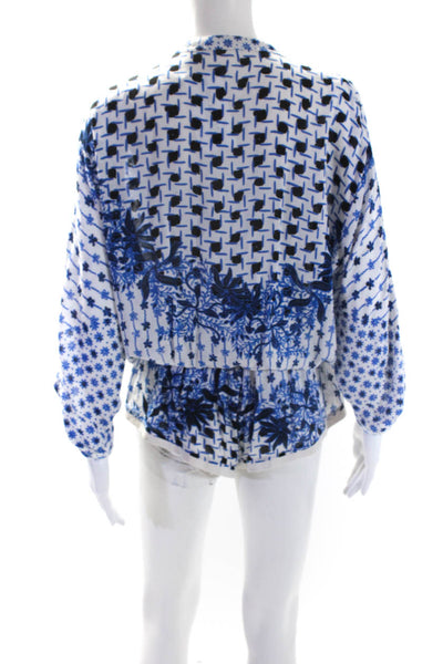 Poupette St Barth Womens Long Sleeve Abstract Print Button Up Romper Blue Size M
