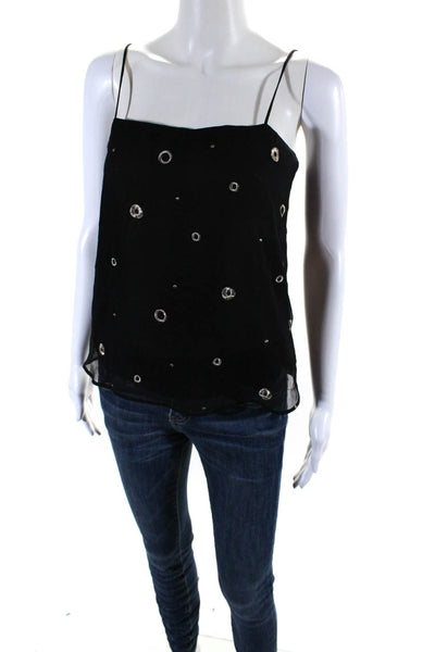 Vince Womens Silk Embroidered Geometric Print Tank Top Blouse Black Size XS