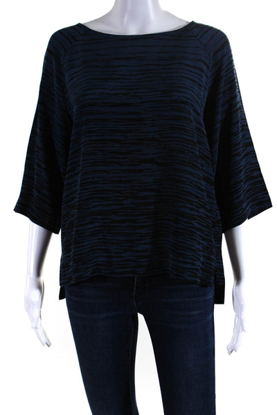 Vince Womens 3/4 Sleeve Striped Crew Neck Top Blouse Black Navy Silk Size Small